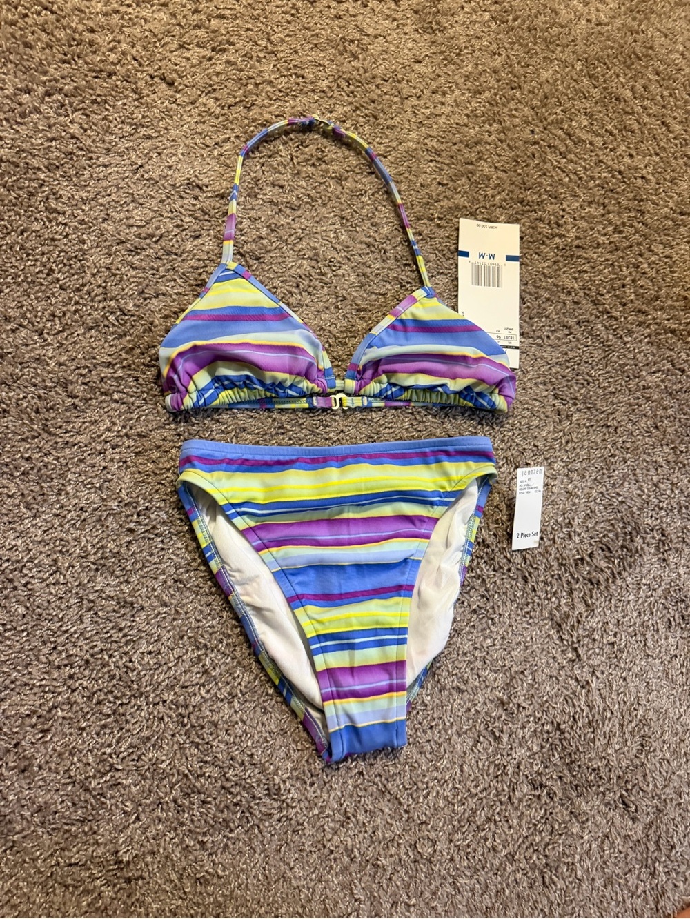 Striped Triangle Bikini Set in Blue, Purple & Yellow